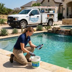 Pool technician tests pool water chemistry with a kit by a backyard pool; service van in the driveway reads 'Sparkling Clean Pool Service'.