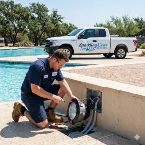 Pool Light Installation - Sparkling Clear Pool Service LLC - Sparkling Clear Pool Service LLC Pool technician kneeling by a pool, using a flashlight to inspect an electrical conduit box; Sparkling Clean Pool Service truck in the background.