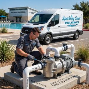 Pool service technician kneels beside a pool pump, tightening fittings, with a Sparkling Clear Pool Service van parked in an outdoor pool facility in the background.