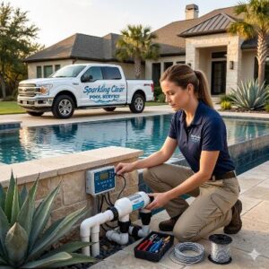 Female pool technician crouches by a pool, attaching PVC piping to a filter pump with tools nearby; van says 'Sparkling Clean Pool Service' in the driveway.