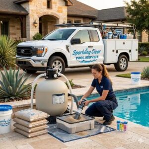 Pool service technician kneels by a backyard pool, operating the pump while a Sparkling Clear Pool Service van is parked in the driveway in front of a house.