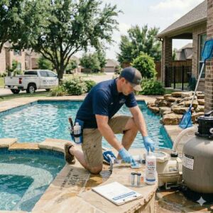 Pool technician kneels at the edge of a backyard pool, mixing chemicals with containers nearby while a notebook rests on the deck; pool equipment sits beside him.