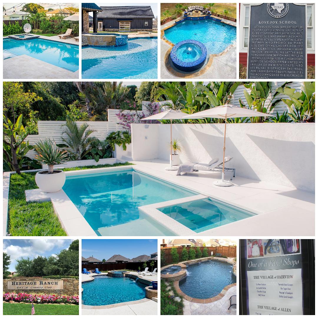 Pool Service in Fairview, TX - Sparkling Clear Pool Service LLC - Sparkling Clear Pool Service LLC Backyard pool area with lounge chairs, umbrellas, and greenery surrounding a rectangular blue pool and spa.