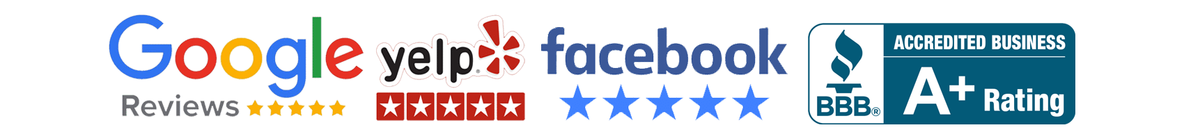 REVIEWS-BADGE-1png - Sparkling Clear Pool Service LLC - Sparkling Clear Pool Service LLC Strip of brand logos for Google, Yelp, and Facebook with their star reviews and a BBB A+ accreditation badge.